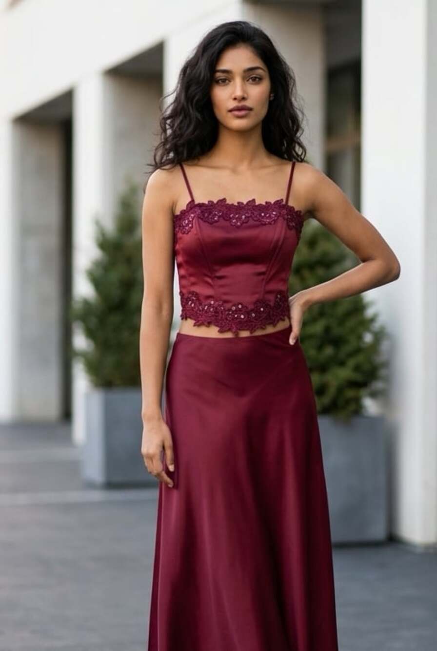 Polka USA Vintage Two-Piece Burgundy Satin Prom Dress Lace-Up Corset Top & Maxi